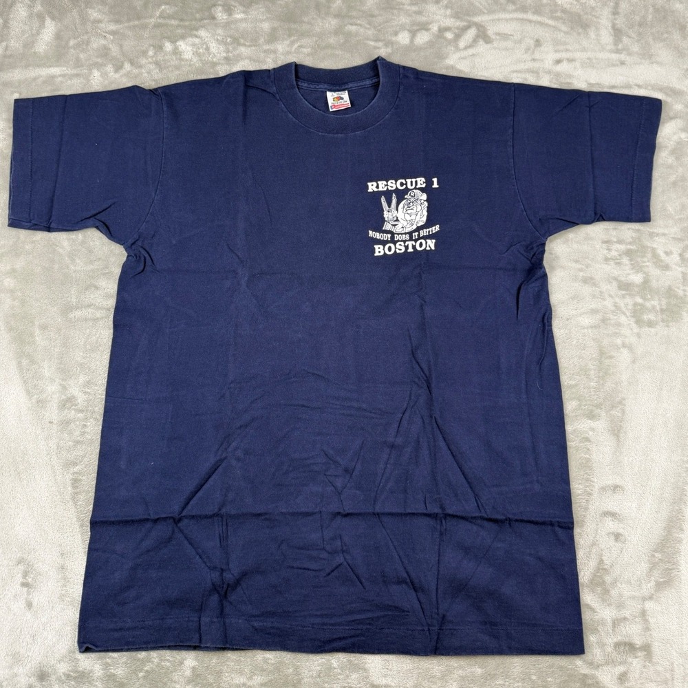 Vintage Fruit of the Loom Boston Fire Dept Rescue 1 T-Shirt Navy Blue Large USA